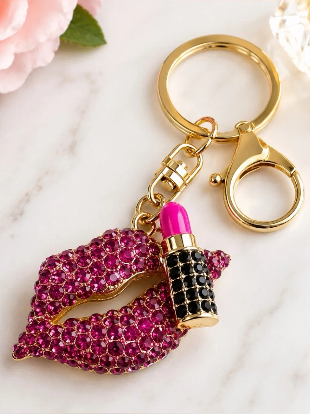 Pink Rhinestone Lips Purse Charm Lipstick Bag Charm Keychain Coquette Glam NWT